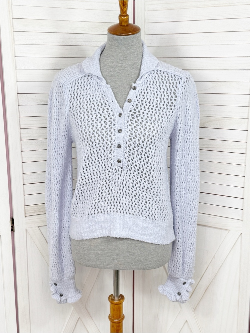 Free People Snowdrift Open Knit Collared Ruffle Trim Sweater Lilac Purple Small